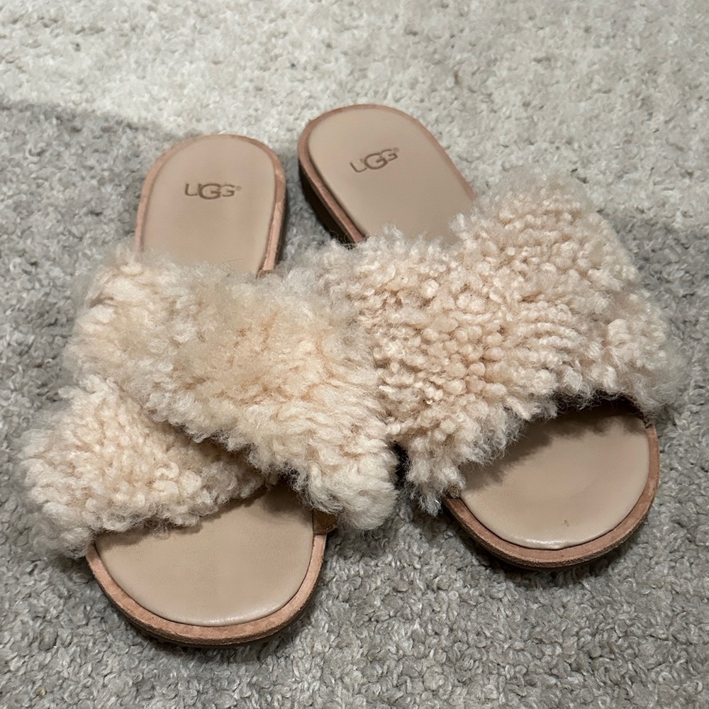NWT UGG Joni Shearling Women's Cream Fluffy Slide Sandals Size 8